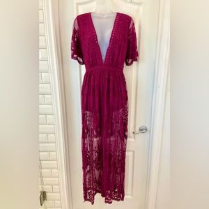 Honey Punch Maroon Maxi Lace Romper Dress